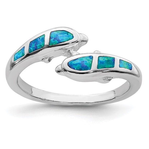 Blue Opal Dolphins Ring Sterling Silver